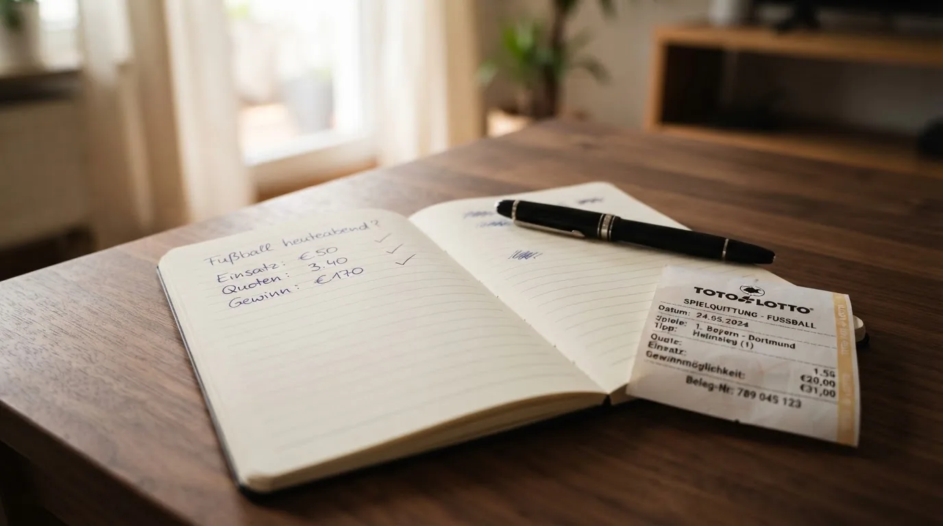 Ein Notizbuch mit handschriftlichen Notizen liegt aufgeschlagen neben einem leeren Papier-Wettschein auf einem Holztisch.