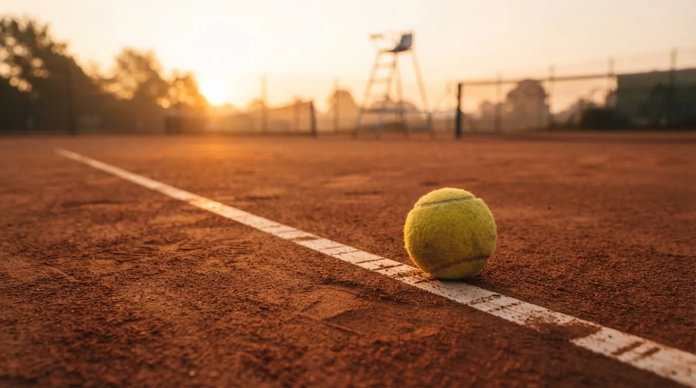 Ein Tennisball liegt auf einem roten Sandplatz bei Sonnenaufgang, im Hintergrund ein leerer Schiedsrichterstuhl.