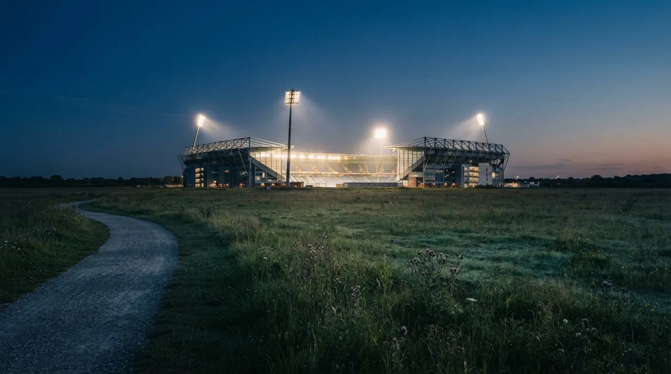 Ein Stadion unter Flutlicht aus der Ferne, davor ein stilles Feld im Dämmerlicht.