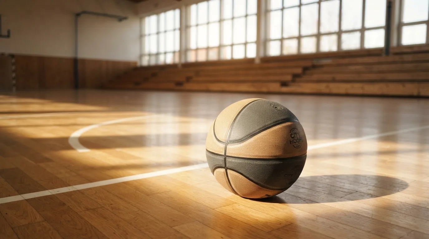 Ein Basketball liegt auf dem Parkett einer leeren Halle, Licht fällt durch hohe Fenster.