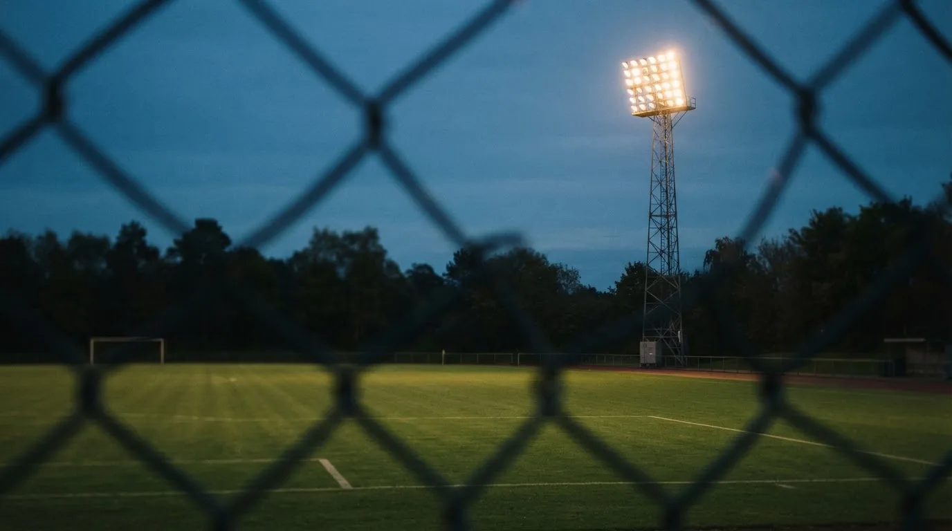 Eine Flutlichtanlage über einem leeren Sportplatz am Abend, im Vordergrund ein Maschendrahtzaun.