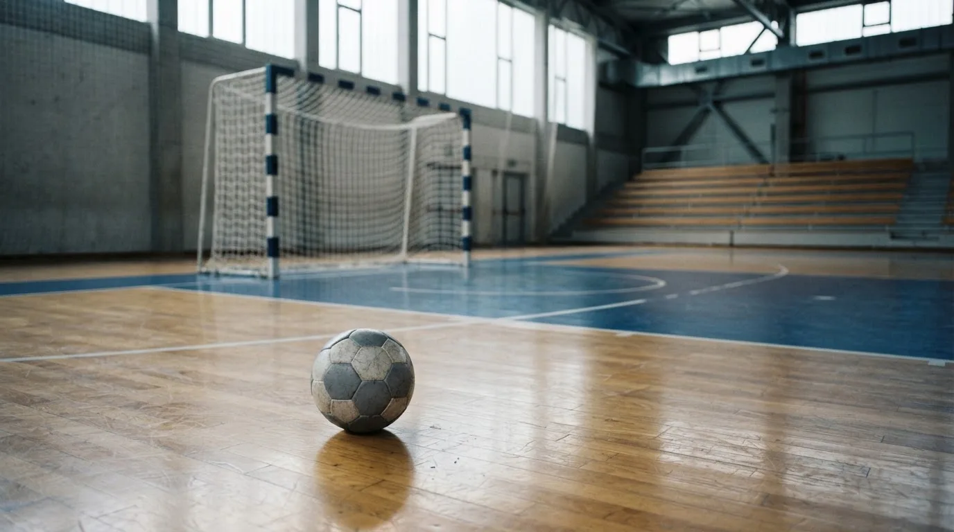 Ein Handball liegt in einer leeren Halle auf dem Boden vor dem Tor.