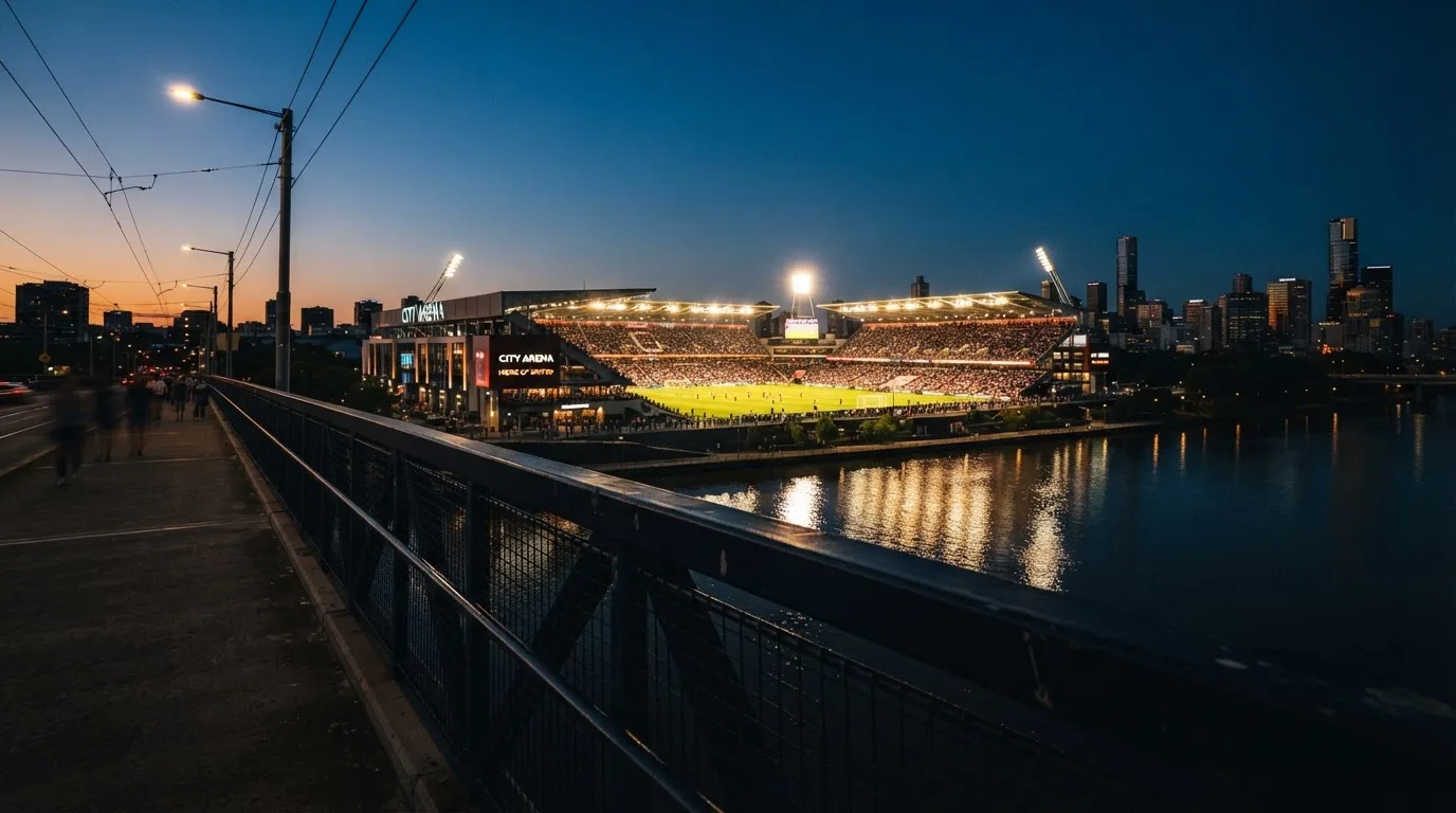 Ein Stadion bei Dämmerung mit eingeschalteten Flutlichtmasten, von einer Brücke aus aufgenommen.