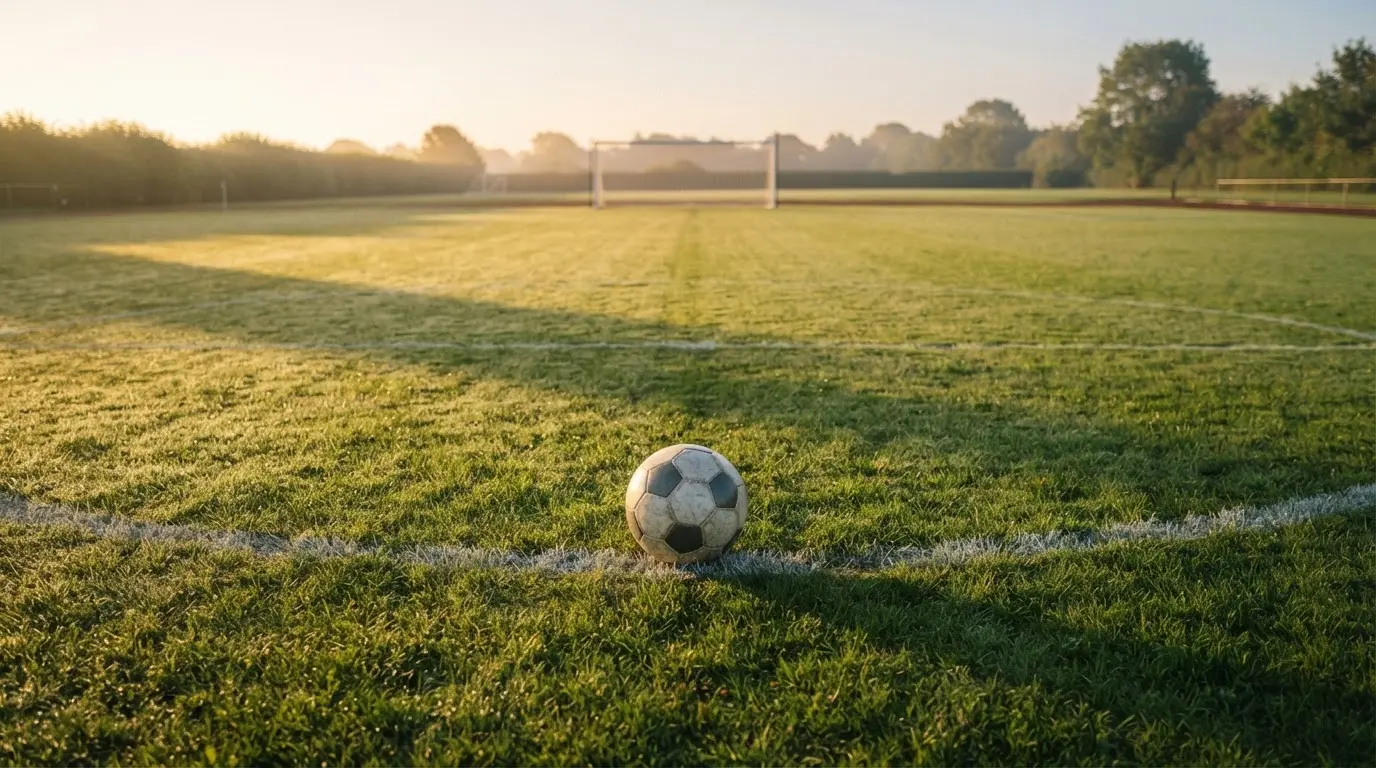 Ein Fußball liegt auf dem Anstoßkreis eines leeren Rasenplatzes im frühen Morgenlicht.