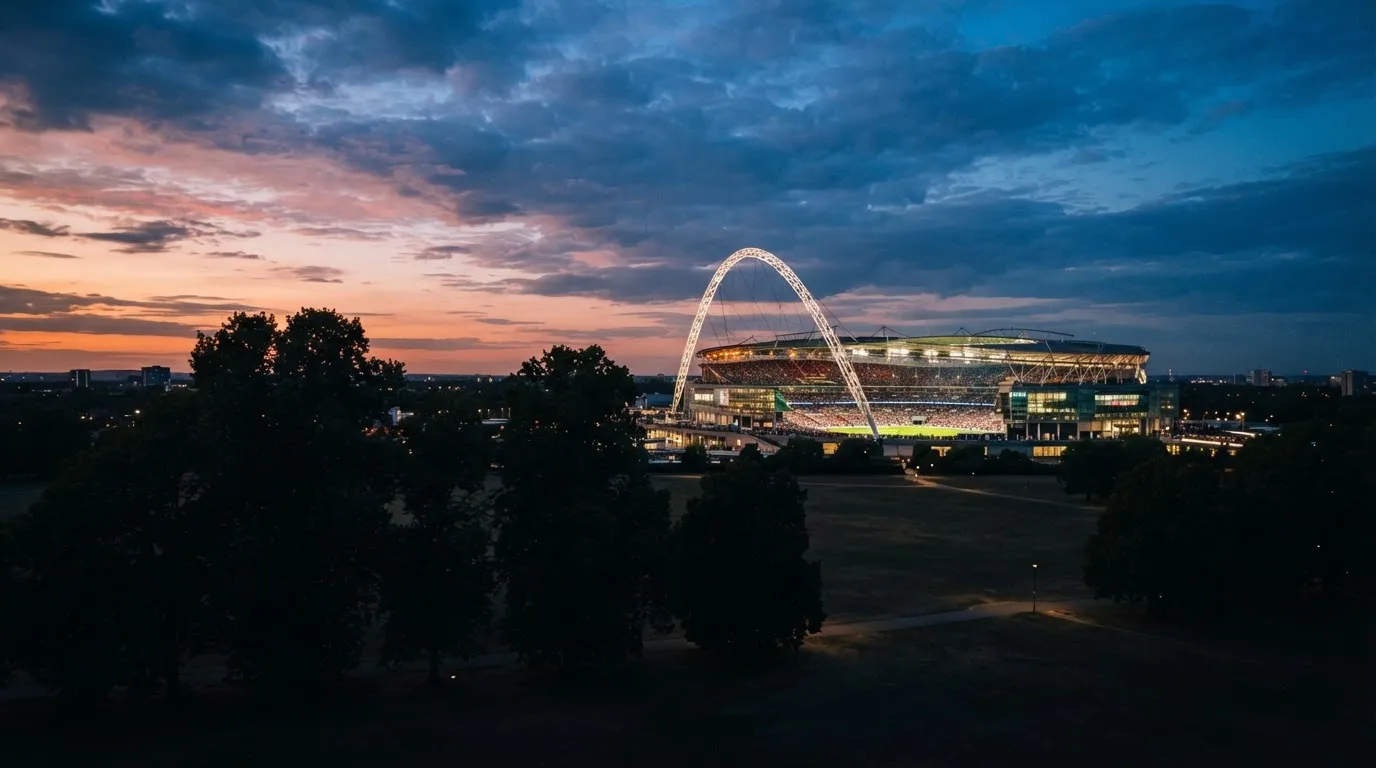 Ein Stadion unter Flutlicht aus großer Entfernung, davor die Silhouetten von Bäumen im Abendhimmel.