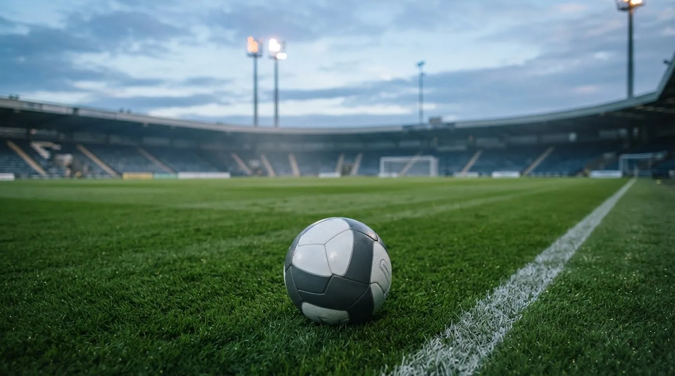 Ein Fußball auf einem Rasenplatz, im Hintergrund Flutlichtmasten und ein bewölkter Himmel.