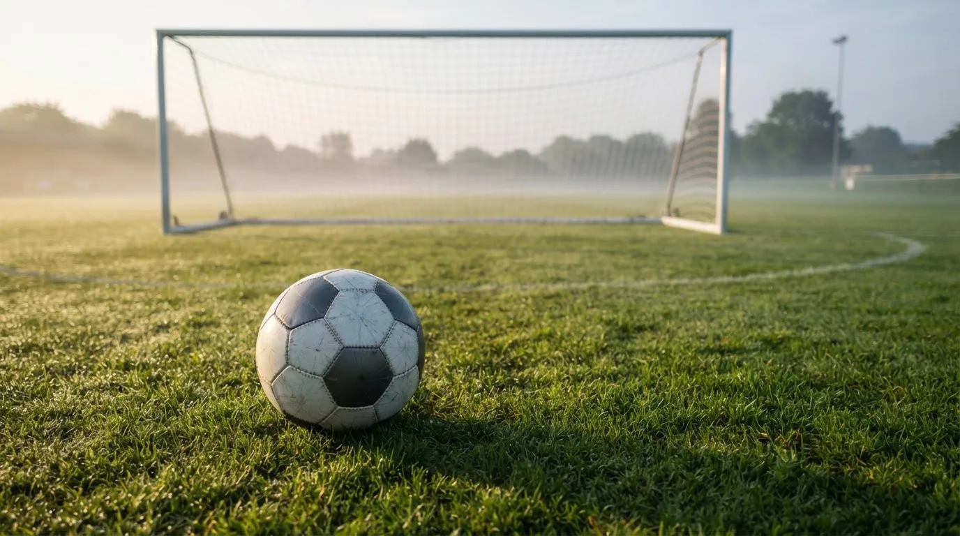 Ein Fußball auf dem Rasen vor einem leeren Tor im frühen Morgenlicht.