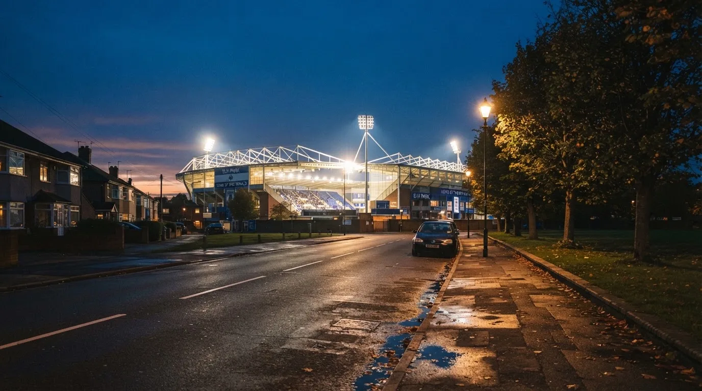 Ein Stadion aus der Ferne bei Flutlicht, davor eine ruhige Straße in der Abenddämmerung.