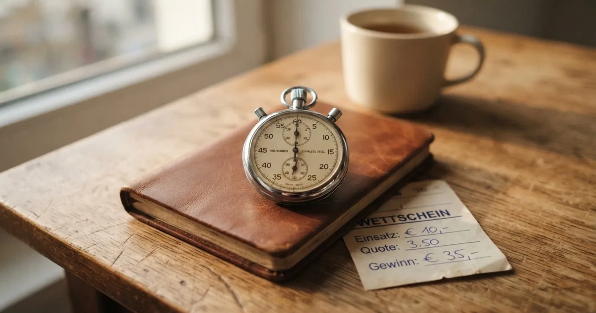 Eine Stoppuhr liegt neben Münzen und einem Notizbuch auf einem Holztisch, Tageslicht fällt von der Seite ein.