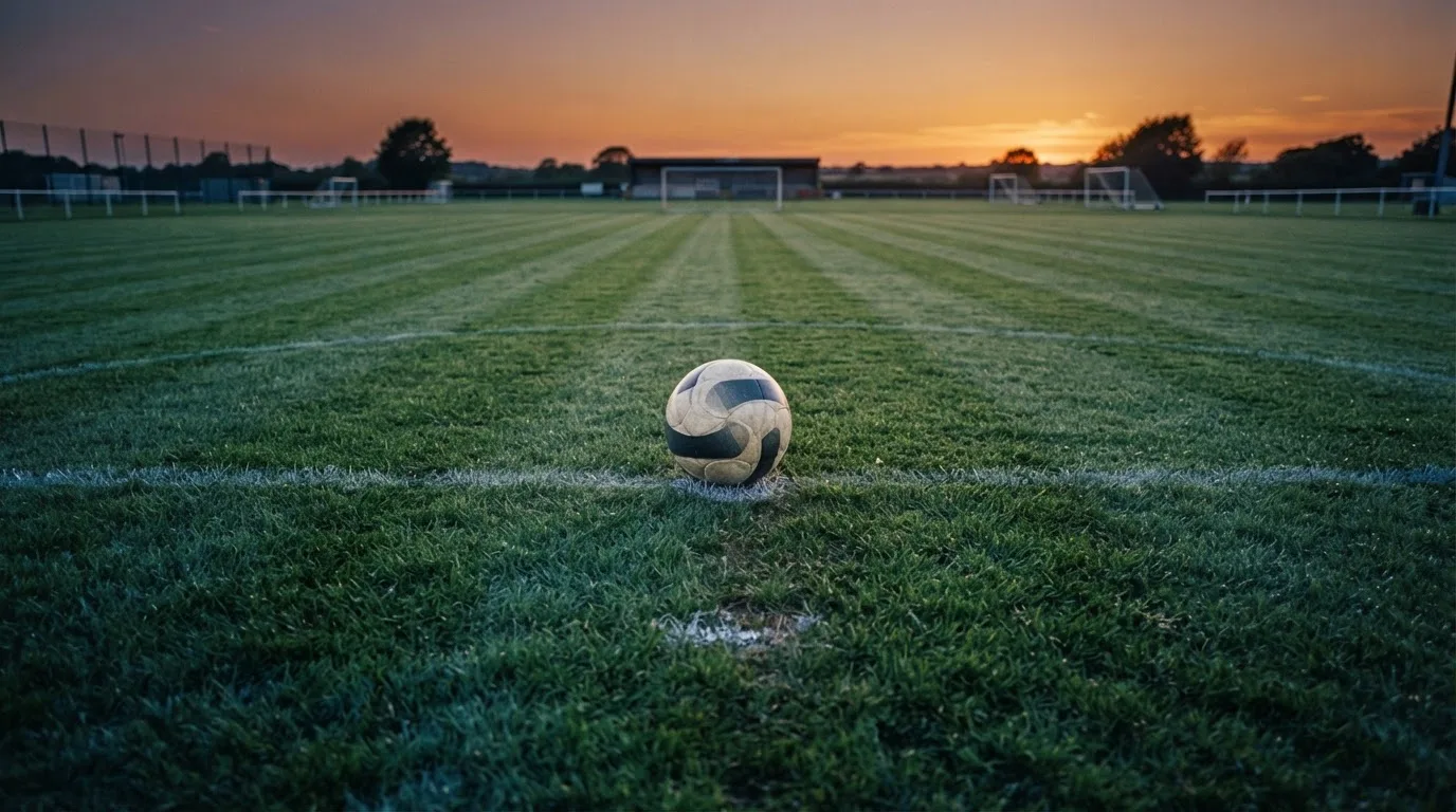 Ein Fußball liegt in der Mitte eines leeren Rasenplatzes, am Horizont färbt sich der Himmel orange.