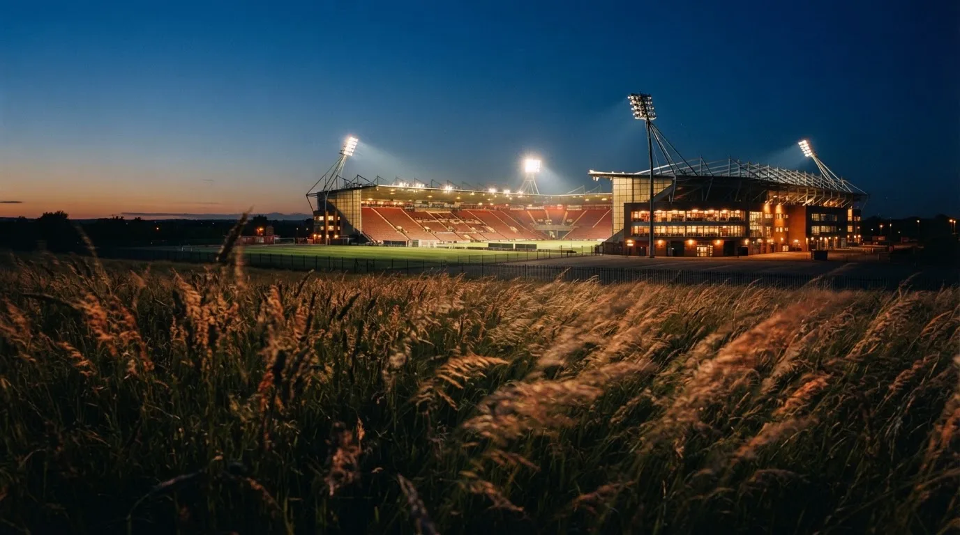 Ein hell beleuchtetes Stadion aus der Ferne in der Dämmerung, im Vordergrund ein Feld mit hohem Gras.