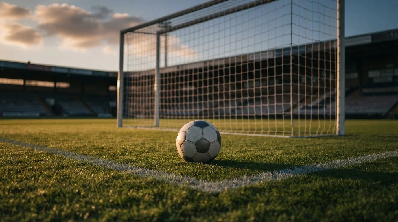 Ein Fußball liegt im Strafraum eines leeren Platzes, dahinter die Netze des Tores im Abendlicht.