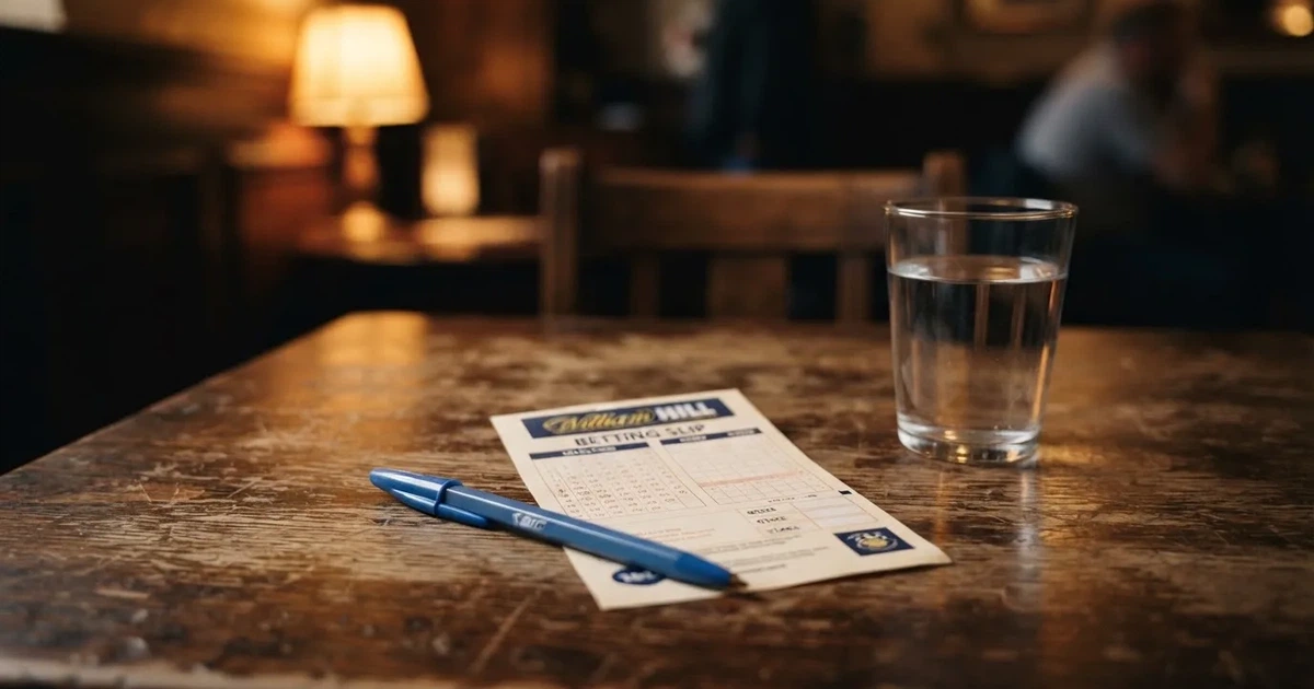 Ein leerer Papier-Wettschein liegt zusammen mit einem Kugelschreiber auf einem Tisch, daneben ein Glas Wasser.