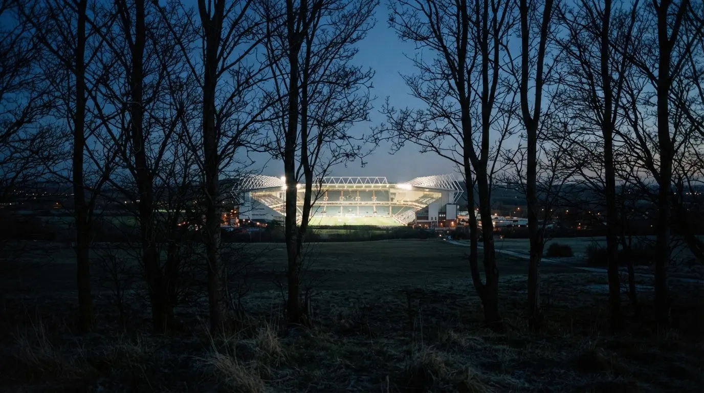 Ein Stadion unter Flutlicht, aus großer Entfernung gesehen, davor eine Reihe kahler Bäume im Dämmerlicht.