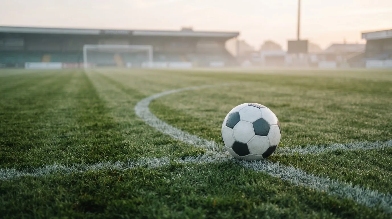 Ein Fußball auf dem Mittelkreis eines leeren Rasenplatzes im frühen Morgenlicht.