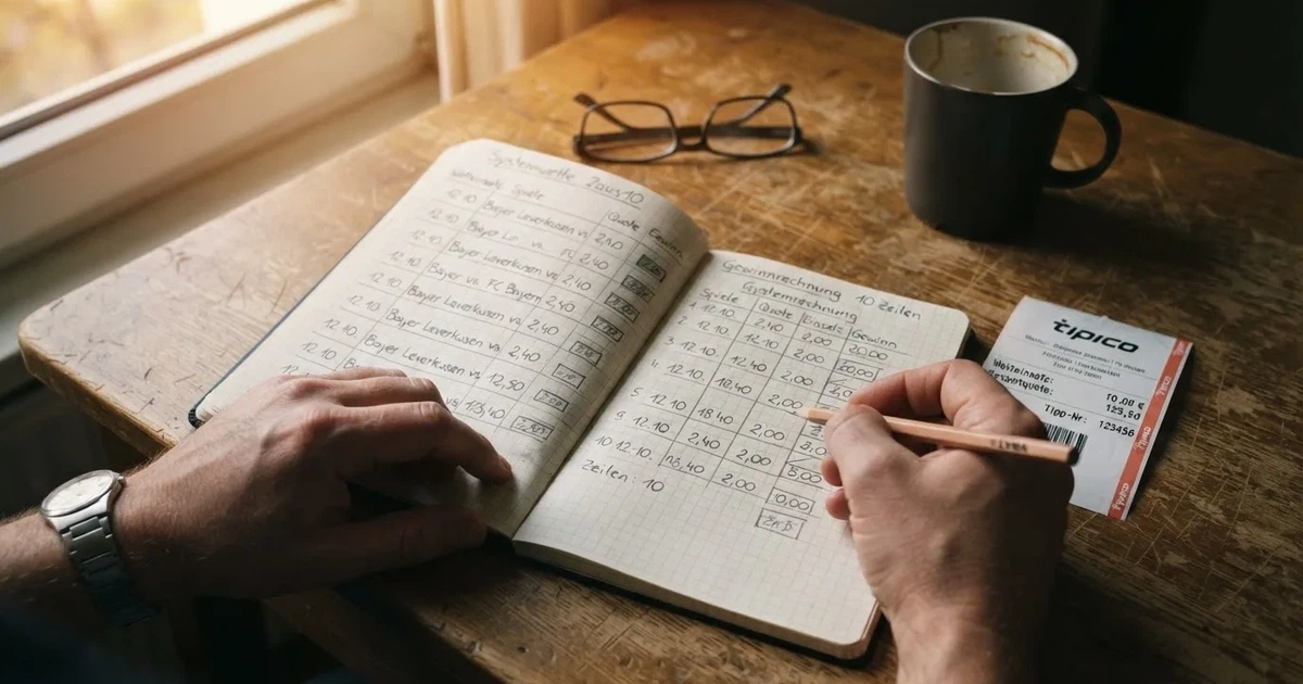 Ein Notizbuch mit handschriftlichen Zahlenreihen und Kästchen liegt neben einem Taschenrechner und einem Bleistift auf einem Schreibtisch.