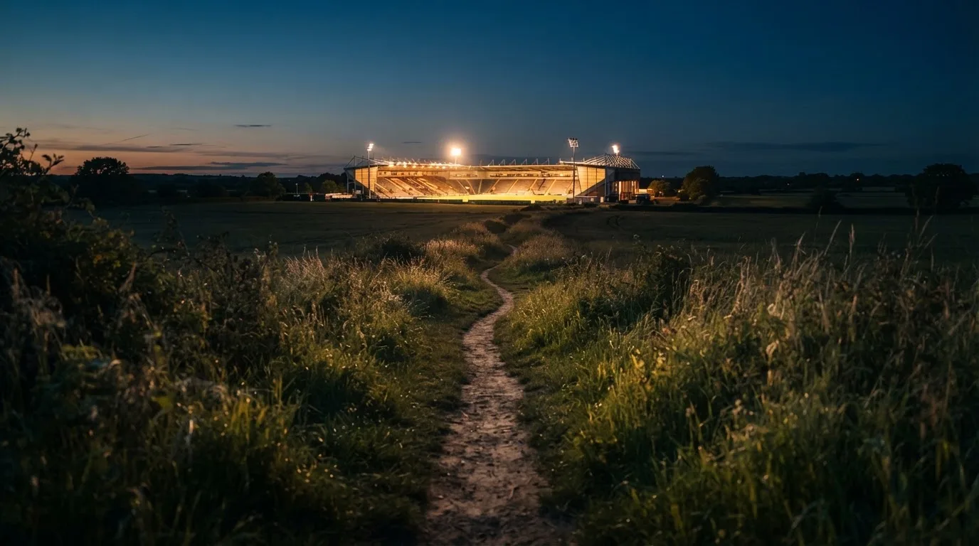 Ein beleuchtetes Stadion aus großer Distanz am Abend, im Vordergrund ein Feldweg.