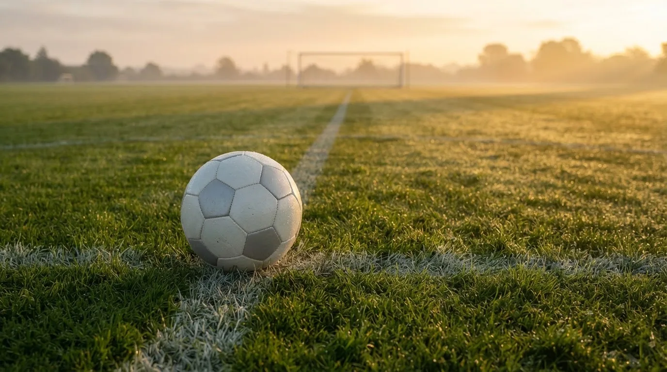 Ein Fußball liegt am Rand des Mittelkreises auf einem leeren Rasenplatz bei Sonnenaufgang.