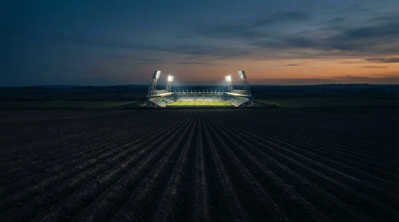 Ein Stadion unter Flutlicht aus großer Entfernung, davor ein dunkler Acker im Abendlicht.