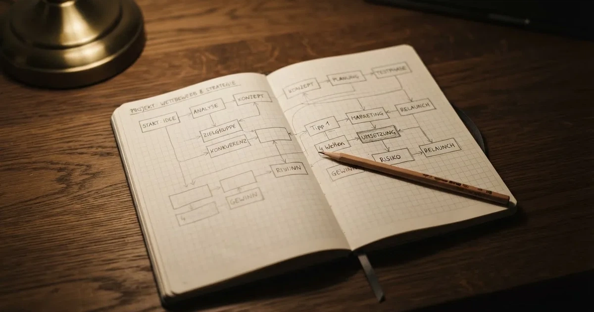 Ein Notizbuch mit handschriftlichen Kästchen und Linien liegt neben einem Bleistift und einem Taschenrechner auf einem Schreibtisch.
