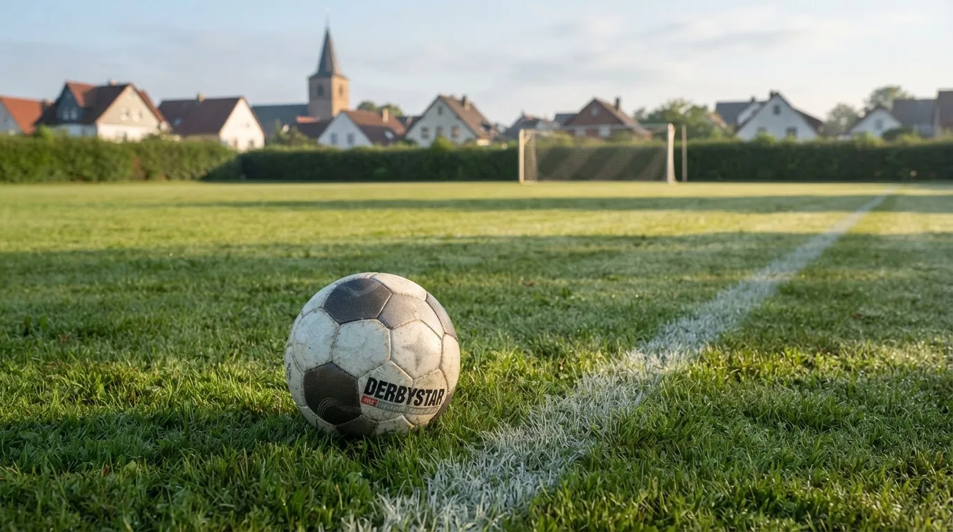 Ein Fußball auf dem Rasen eines leeren Sportplatzes am Rand einer Kleinstadt im Morgenlicht.