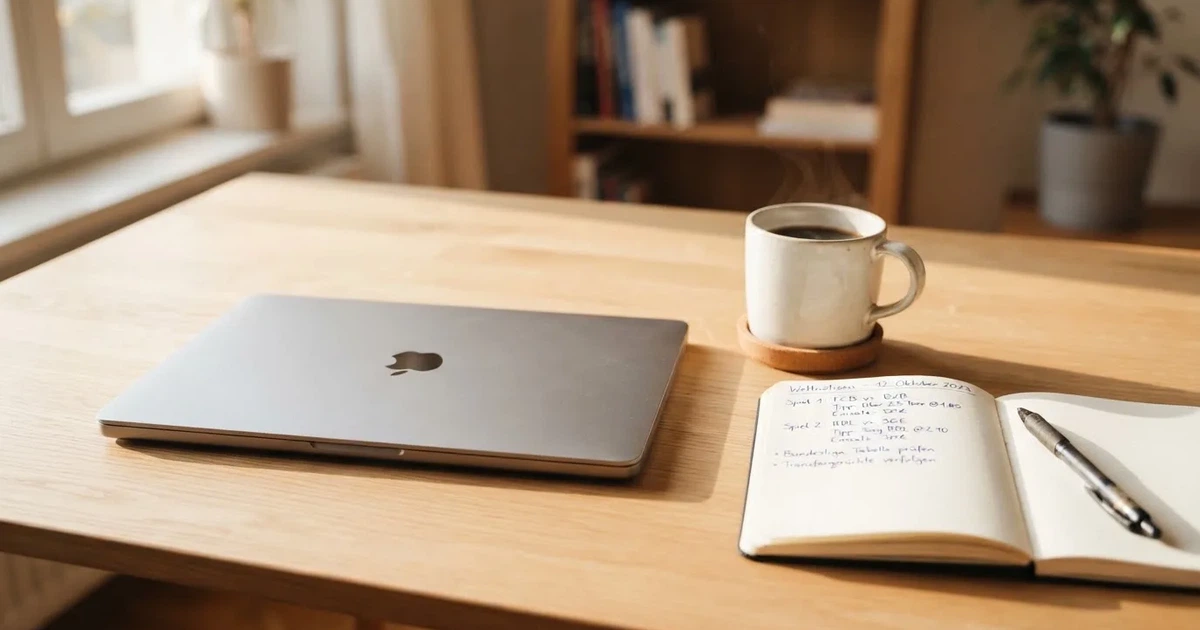 Ein Laptop mit geschlossenem Deckel steht neben einer Kaffeetasse und einem Notizbuch auf einem hellen Schreibtisch.