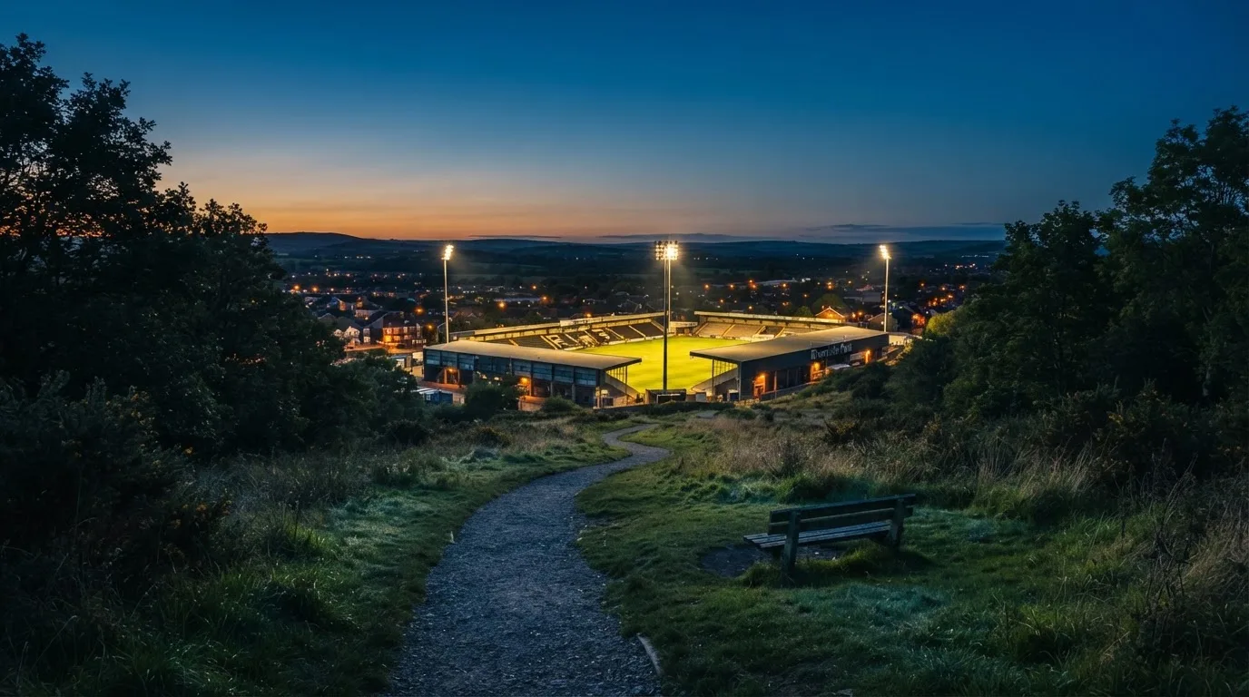 Ein Stadion unter Flutlicht, von einer Anhöhe aus gesehen, davor ein stiller Weg in der Dämmerung.