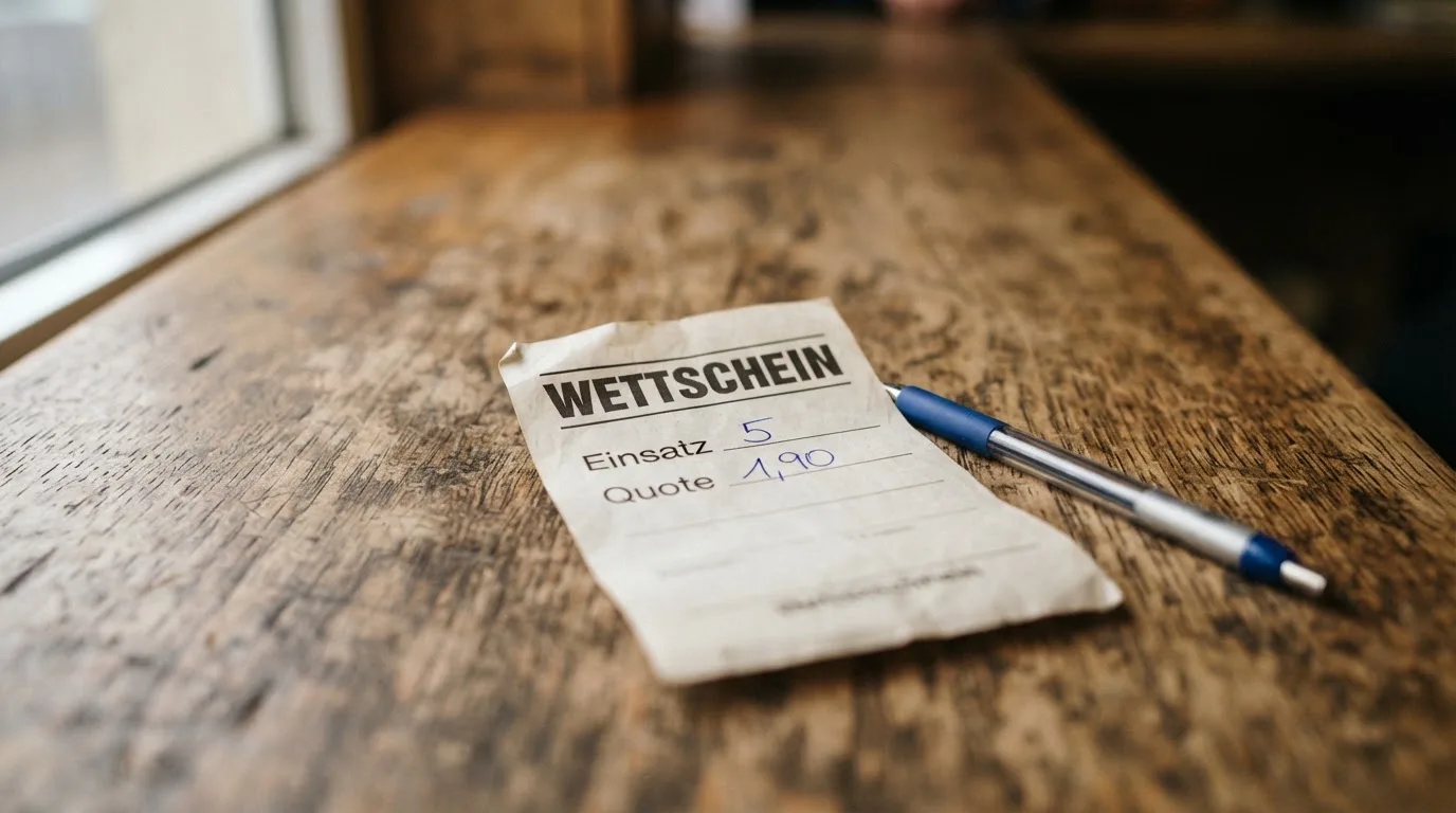 Ein leerer Wettschein aus Papier liegt neben einem Stift auf einer hölzernen Theke, weiches Licht fällt von der Seite ein.