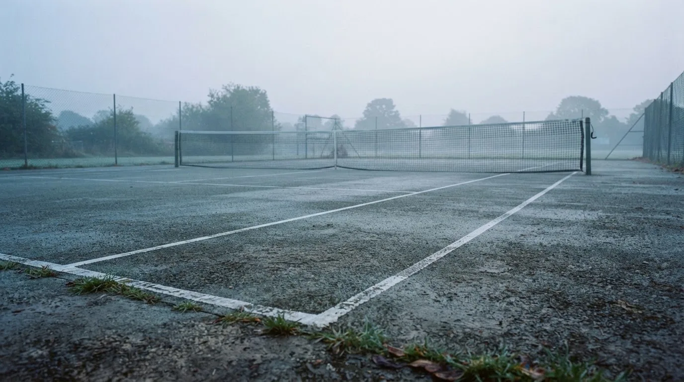Ein Tennisplatz im Morgengrauen, das Netz und die Linien liegen im Tau, im Hintergrund leichter Nebel und kein Mensch zu sehen.