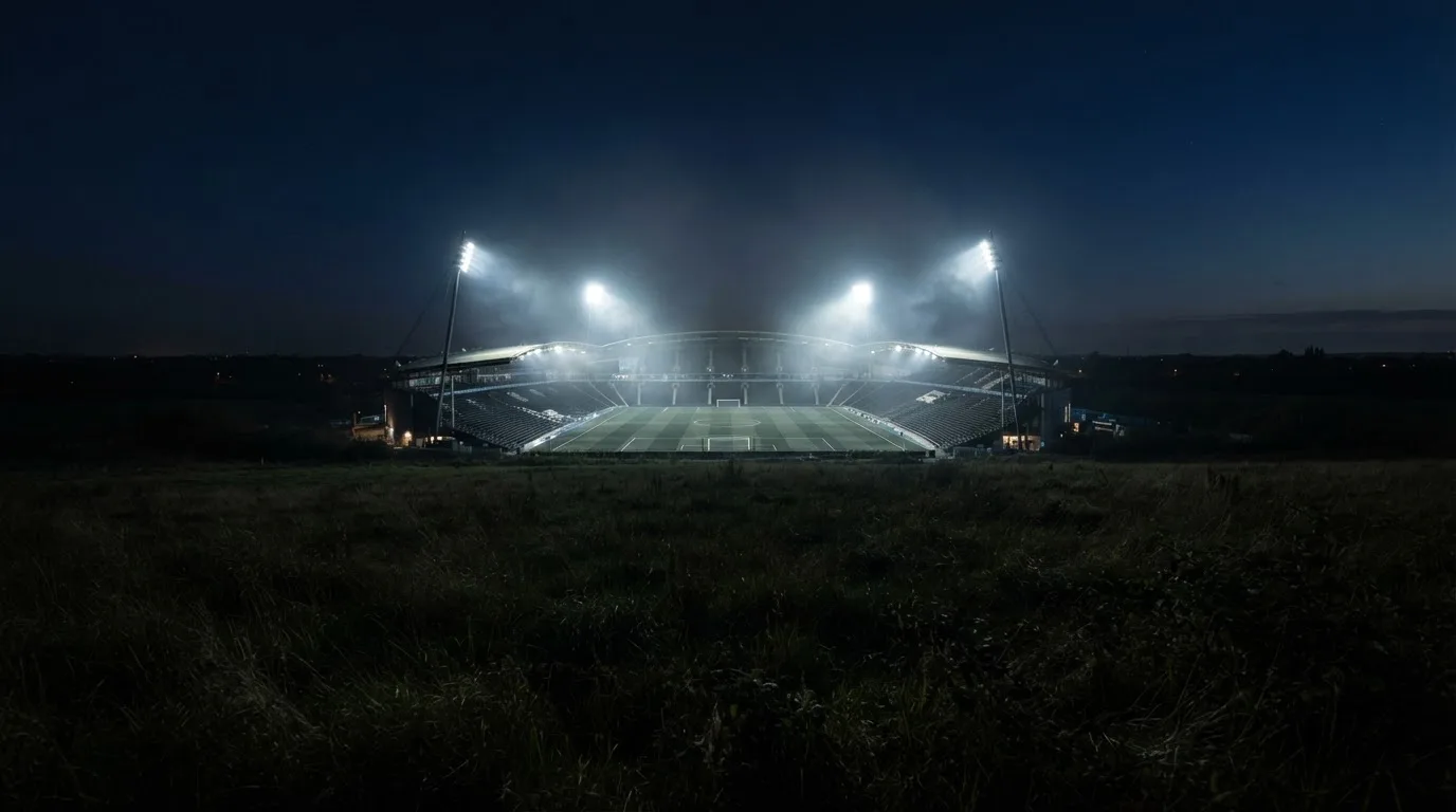 Ein Stadion unter Flutlicht, aus großer Entfernung über eine dunkle Wiese fotografiert, am Himmel zieht Nebel auf.