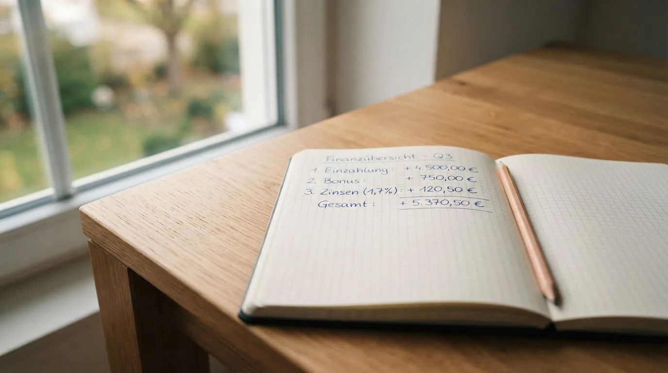 Ein Notizbuch mit handschriftlichen Notizen und ein Bleistift liegen auf einem Schreibtisch am Fenster, draußen fällt Morgenlicht herein.