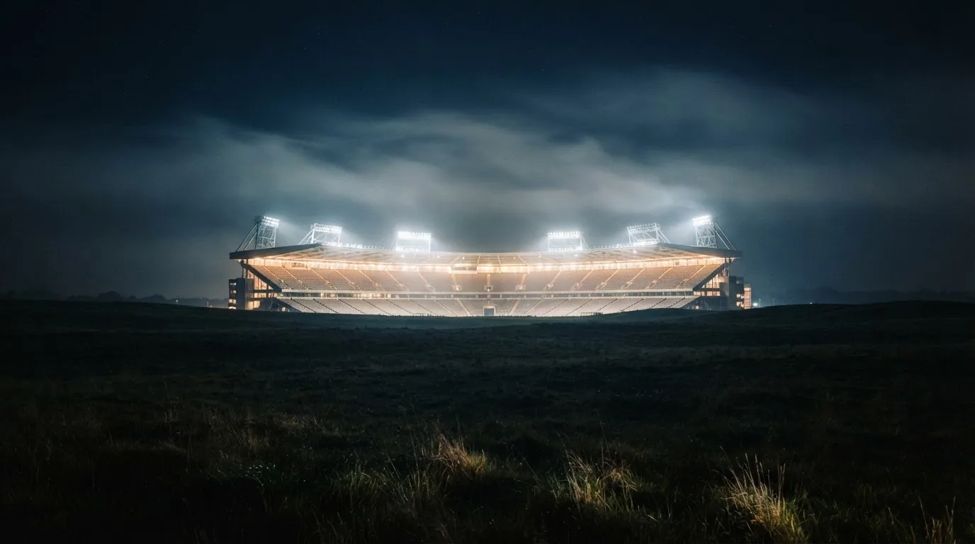 Ein Stadion unter Flutlicht, aus großer Entfernung über eine dunkle Wiese fotografiert, am Himmel zieht Nebel auf.