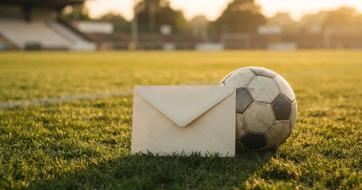 Ein verschlossener leerer Briefumschlag liegt neben einem Fußball auf grünem Rasen im warmen Licht des Nachmittags.