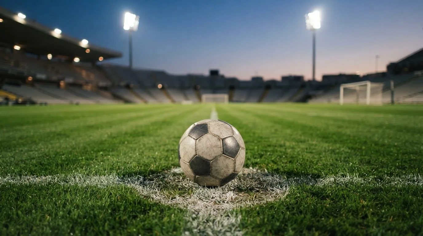 Ein Fußball liegt auf dem Anstoßpunkt eines leeren Rasenplatzes, im Hintergrund steht ein Stadion unter Flutlicht in der Dämmerung.