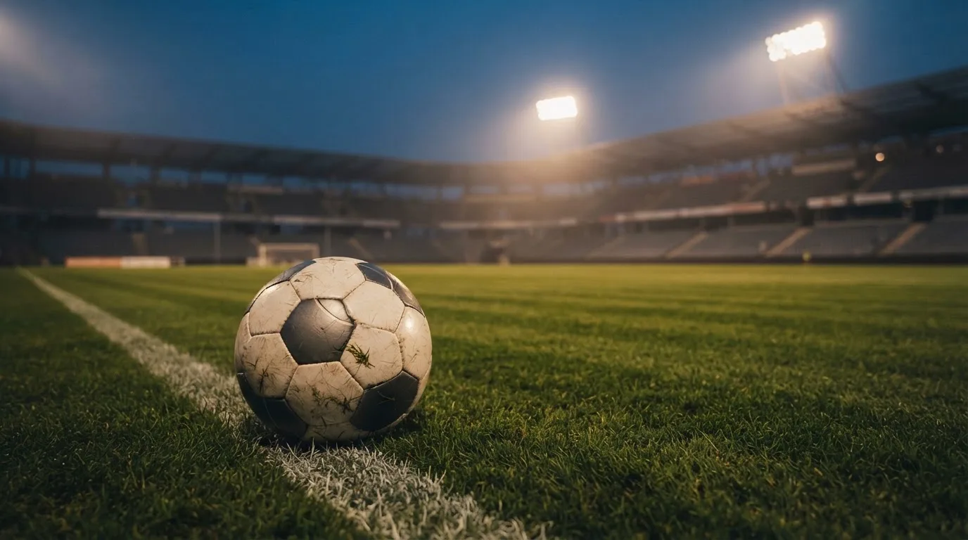 Ein Fußball liegt auf dem Rasen eines leeren Platzes, im Hintergrund ein Stadion unter Flutlicht in der Abenddämmerung.