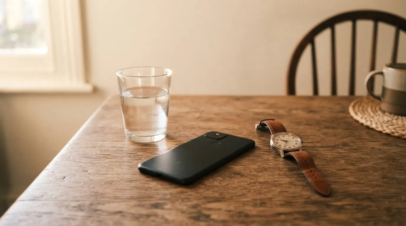 Ein Smartphone liegt mit dem Display nach unten auf einem Küchentisch, daneben stehen ein Glas Wasser und eine Armbanduhr.