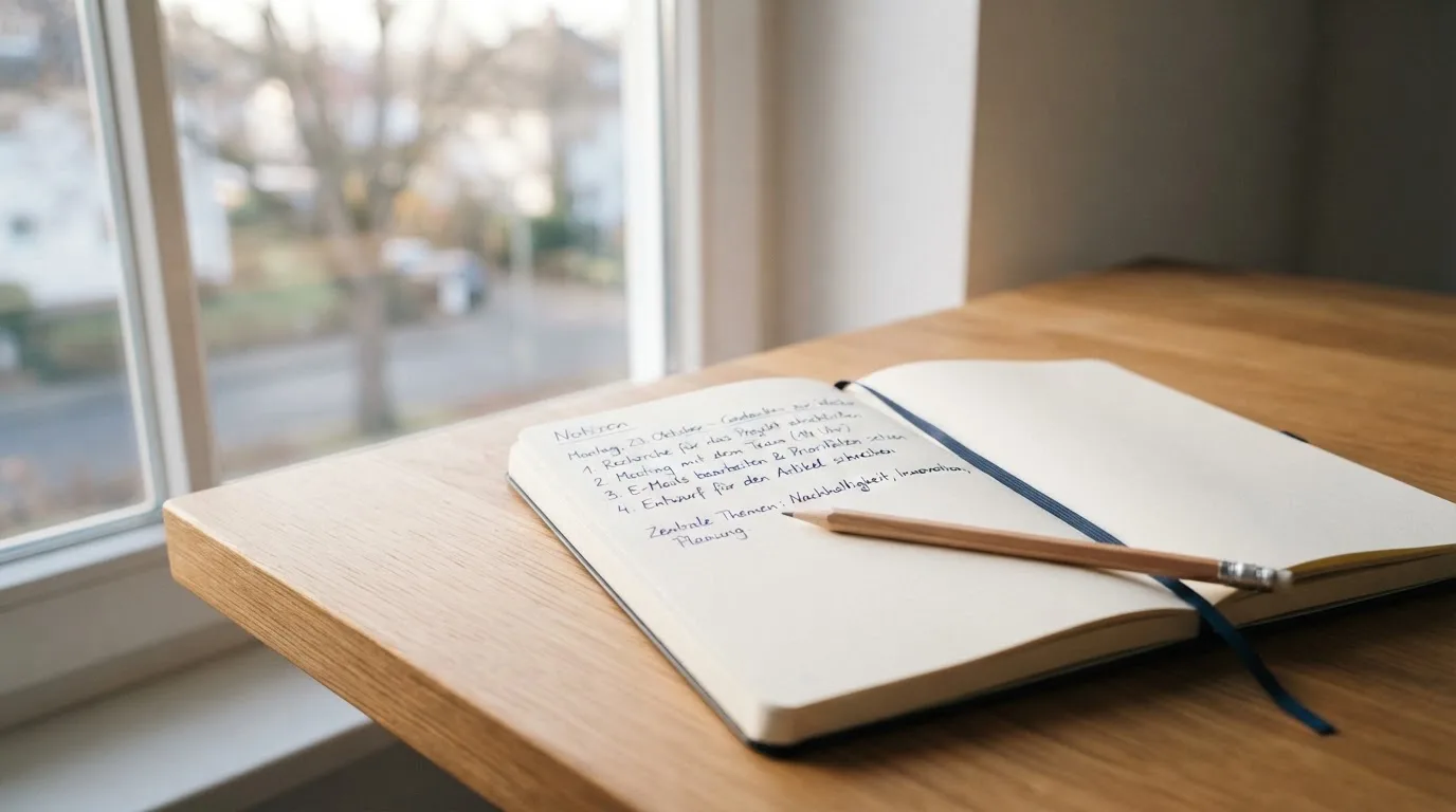 Ein Notizbuch mit handschriftlichen Notizen und ein Bleistift liegen auf einem Schreibtisch am Fenster, draußen fällt Morgenlicht herein.