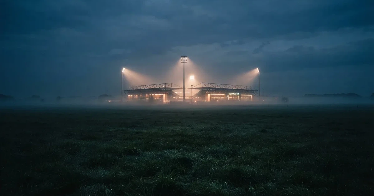 Ein Stadion unter Flutlicht, aus großer Entfernung über eine dunkle Wiese fotografiert, am Himmel zieht Nebel auf.