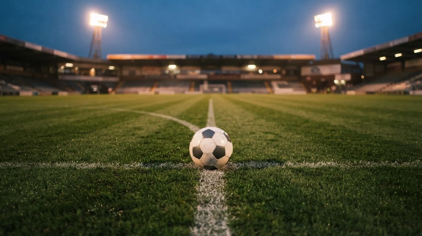 Ein Fußball liegt auf dem Anstoßpunkt eines leeren Rasenplatzes, im Hintergrund steht ein Stadion unter Flutlicht in der Dämmerung.