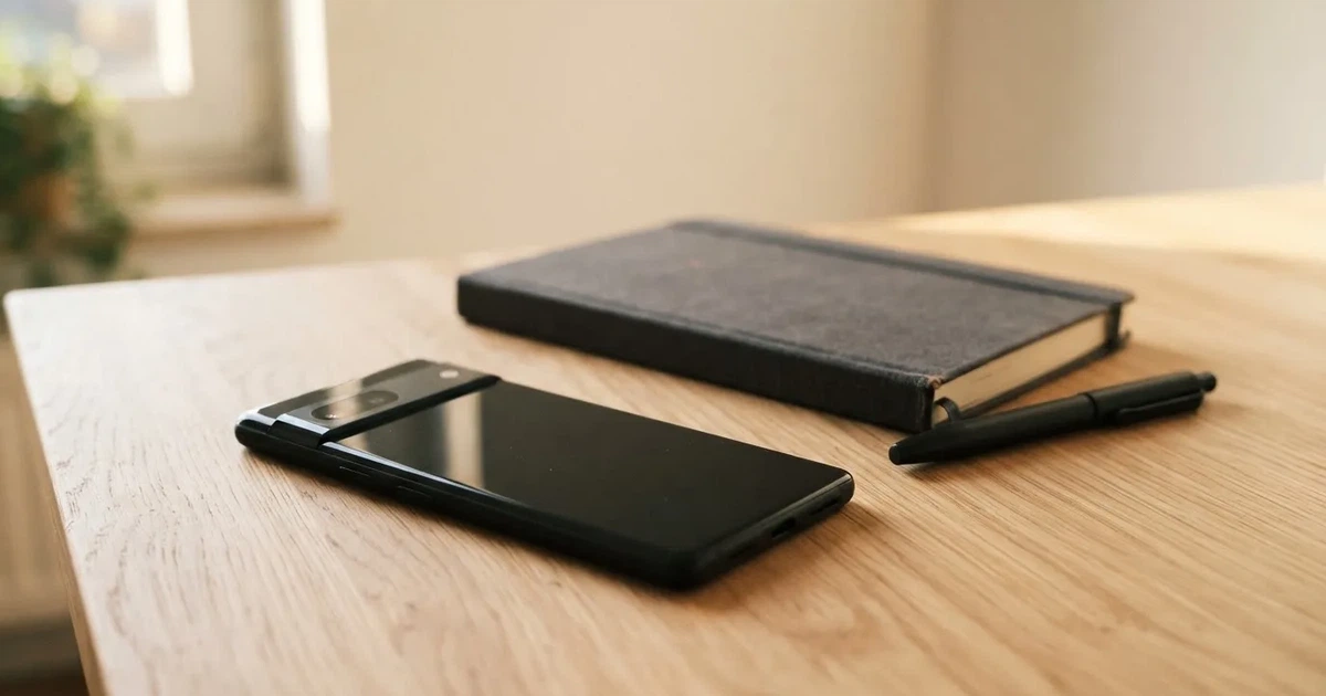 Ein Smartphone liegt neben einem Notizbuch und einem Kugelschreiber auf einem hellen Schreibtisch, das Display ist ausgeschaltet.