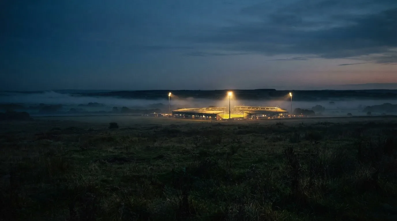 Ein Stadion unter Flutlicht, aus großer Entfernung über eine dunkle Wiese fotografiert, am Himmel zieht Nebel auf.