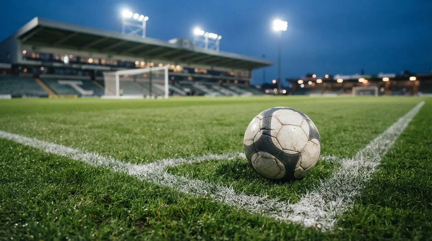 Ein Fußball liegt auf dem Rasen eines leeren Platzes, im Hintergrund ein Stadion unter Flutlicht in der Abenddämmerung.