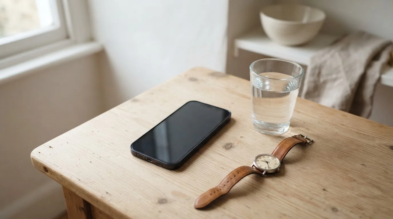 Ein Smartphone liegt mit dem Display nach unten auf einem Küchentisch, daneben stehen ein Glas Wasser und eine Armbanduhr.
