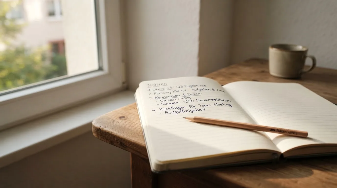 Ein Notizbuch mit handschriftlichen Notizen und ein Bleistift liegen auf einem Schreibtisch am Fenster, draußen fällt Morgenlicht herein.