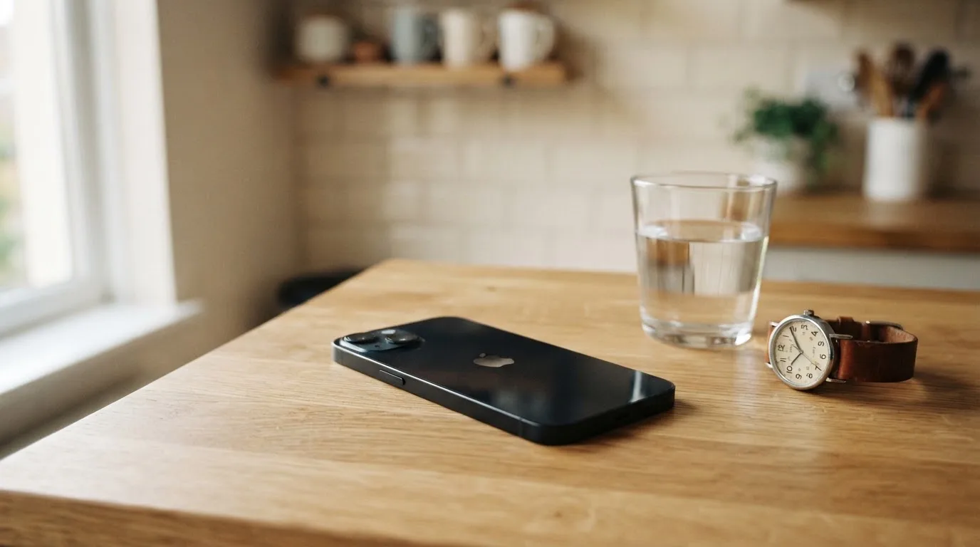 Ein Smartphone liegt mit dem Display nach unten auf einem Küchentisch, daneben stehen ein Glas Wasser und eine Armbanduhr.