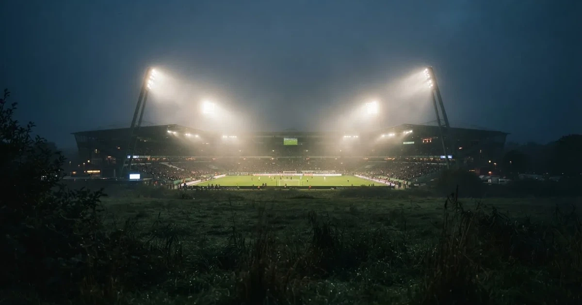 Ein Stadion unter Flutlicht, aus großer Entfernung über eine dunkle Wiese fotografiert, am Himmel zieht Nebel auf.