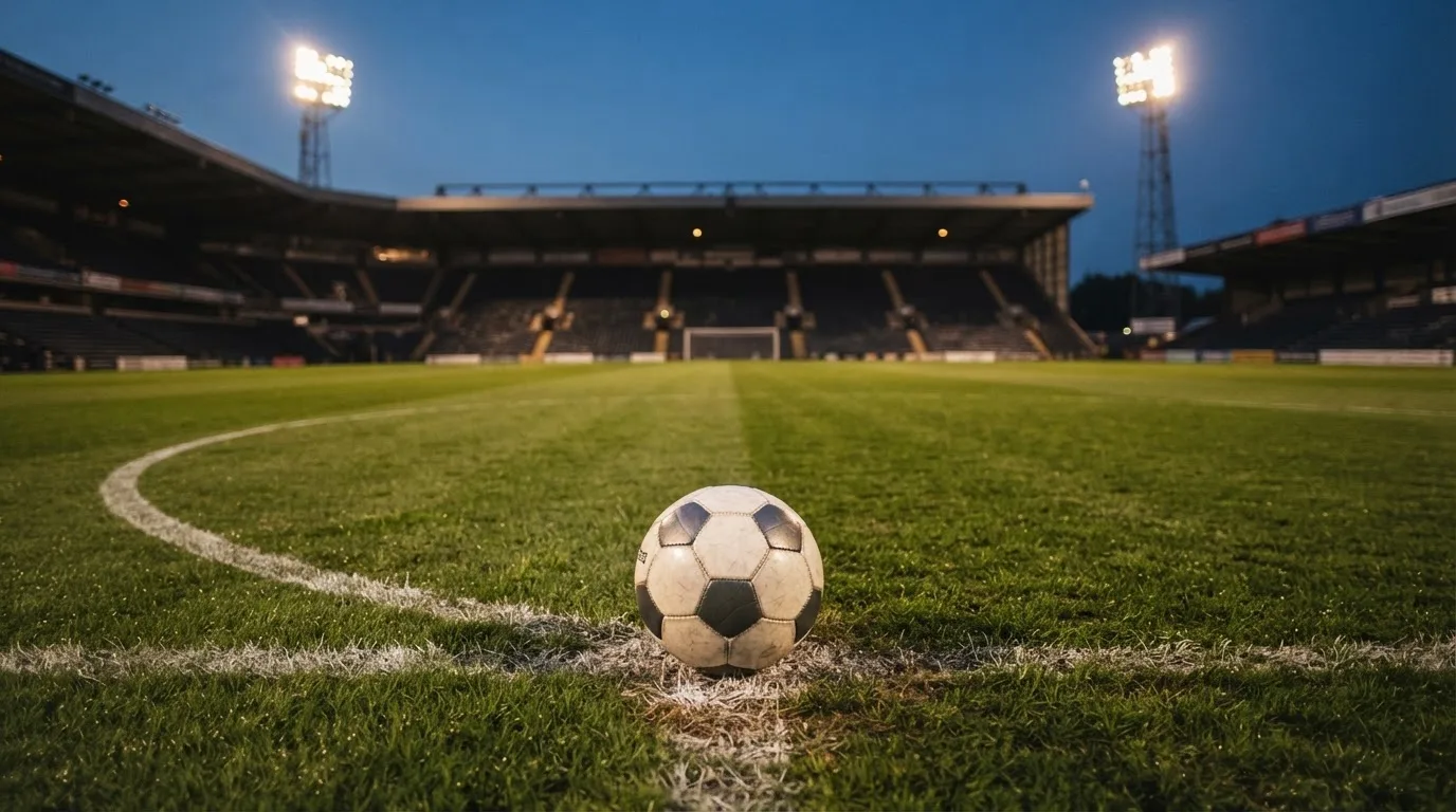 Ein Fußball liegt auf dem Anstoßpunkt eines leeren Rasenplatzes, im Hintergrund steht ein Stadion unter Flutlicht in der Dämmerung.
