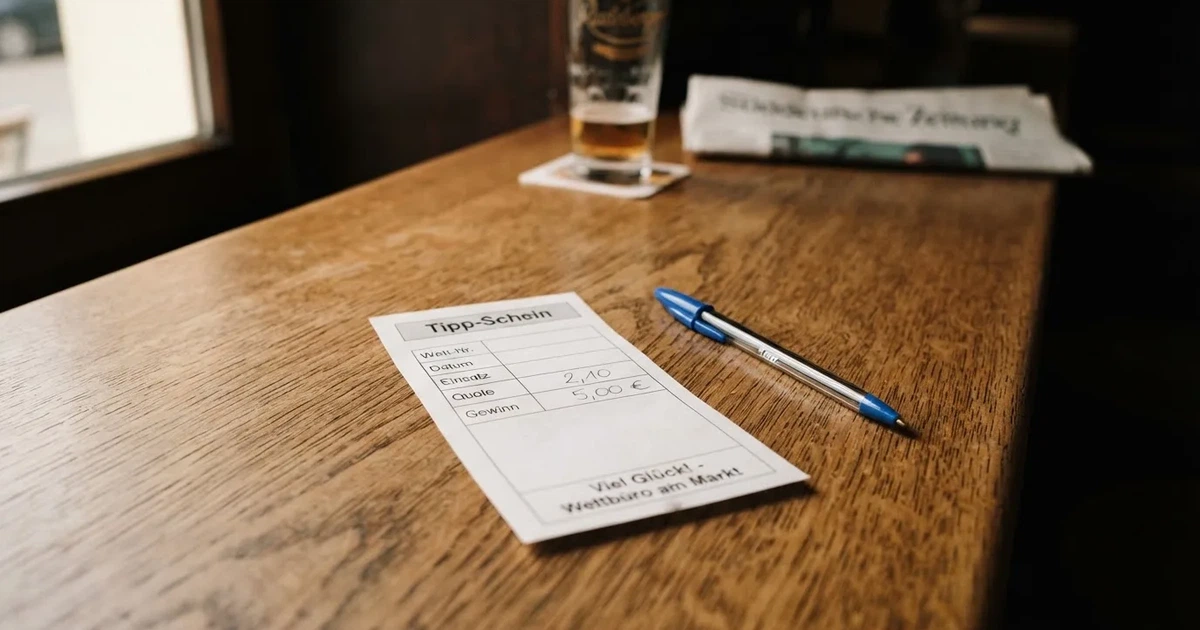 Ein leerer Wettschein aus Papier liegt neben einem Stift auf einer hölzernen Theke, weiches Licht fällt von der Seite ein.