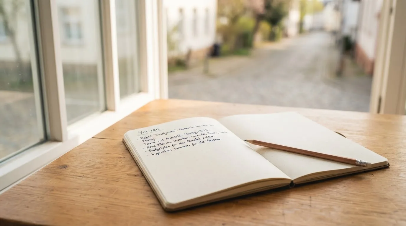 Ein Notizbuch mit handschriftlichen Notizen und ein Bleistift liegen auf einem Schreibtisch am Fenster, draußen fällt Morgenlicht herein.