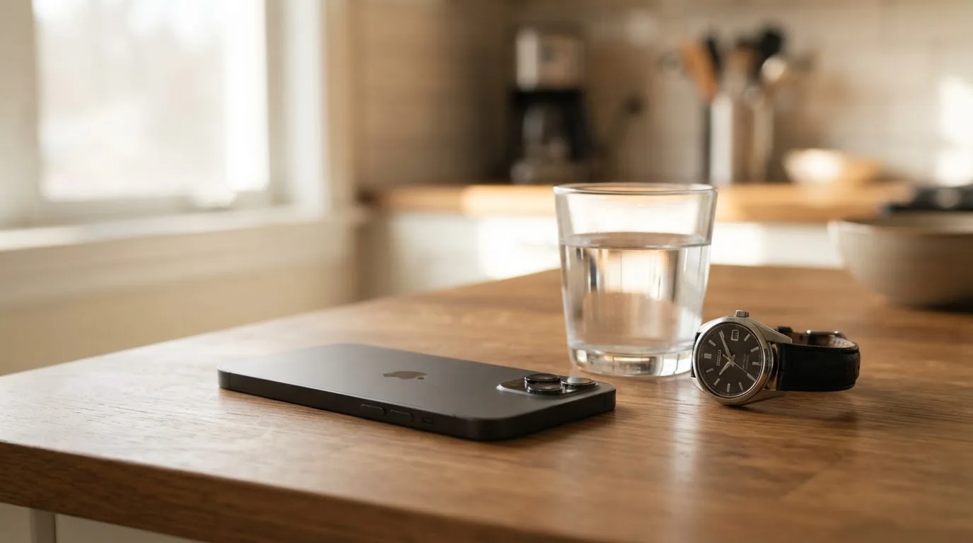 Ein Smartphone liegt mit dem Display nach unten auf einem Küchentisch, daneben stehen ein Glas Wasser und eine Armbanduhr.